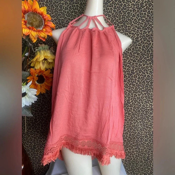 🌴3/$30🌴DOE & RAE Crabapple Halter Mock Neck Embroidered/Fringe Cami Tank Top - Picture 2 of 9